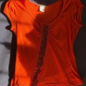 Self Esteem Orange Short Sleeve Top with Sequin Accent